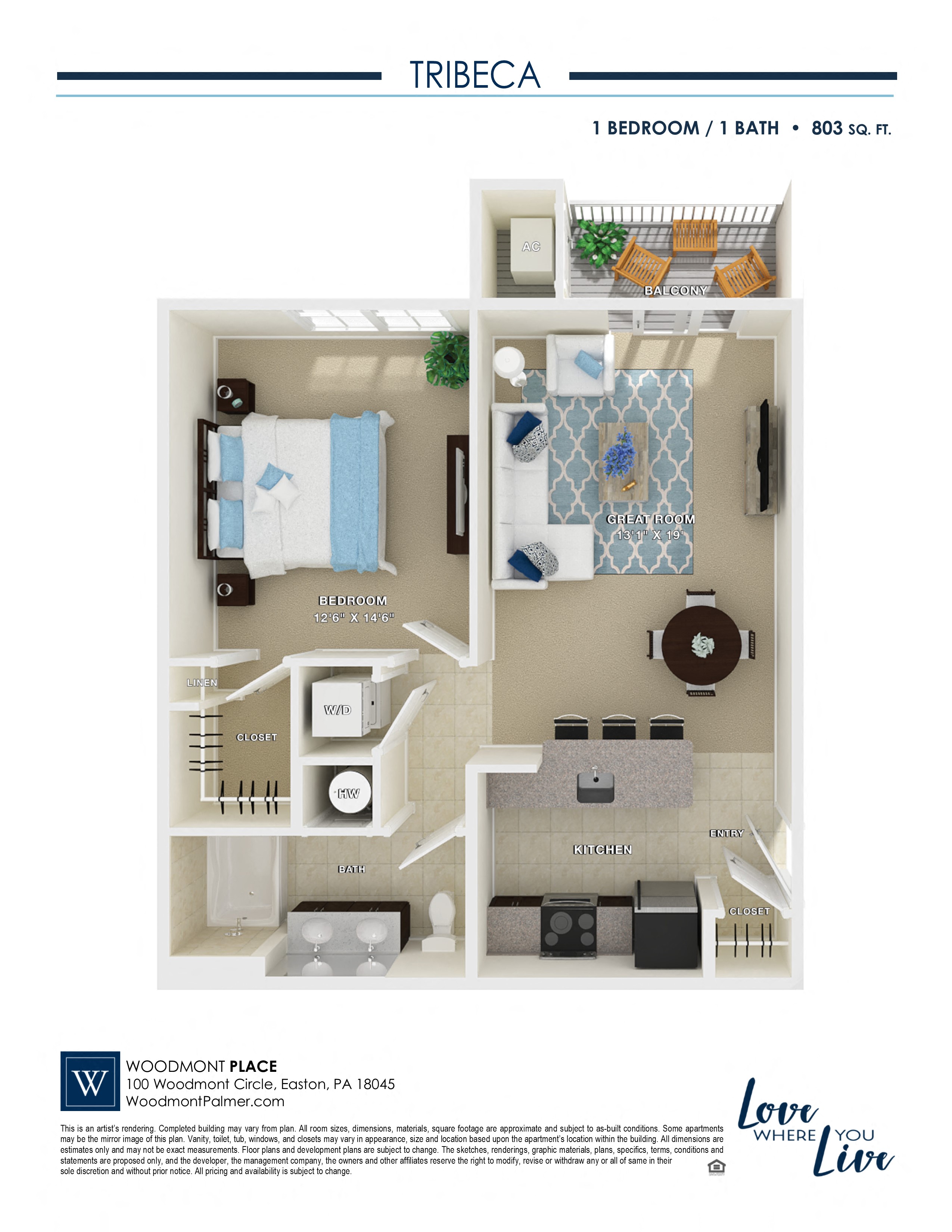 Floor plan for 1 bed, 1 bath, 803 sqft